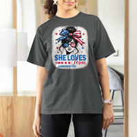 She Loves Jesus And America Too T Shirt For Women Christian 4th of July Messy Bun Flag - Wonder Print Shop