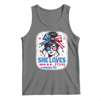 She Loves Jesus And America Too Tank Top Christian 4th of July Messy Bun Flag - Wonder Print Shop