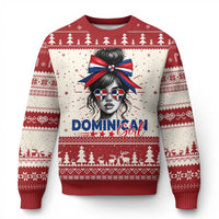 Dominican Girl Knitted Sweatshirt Messy Bun Caribbean Dominican Republic DR Flag - Wonder Print Shop