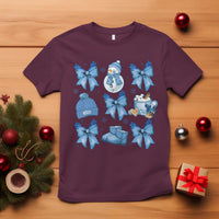 Coquette Bow Christmas T Shirt Cozy Winter Xmas Gift Blue Holiday - Wonder Print Shop