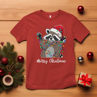 Merry Christmas Raccoon T Shirt Happy Holidays Gift Animal Xmas Lights Red Santa Hat - Wonder Print Shop