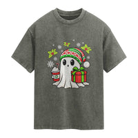 Ghost Santa Christmas Washed Cotton T-Shirt Holiday Xmas Halloween