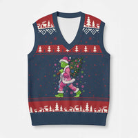 Bigfoot Xmas Tree V-Neck Knit Sweater Vest Pink Xmas Funny Green Sasquatch - Wonder Print Shop