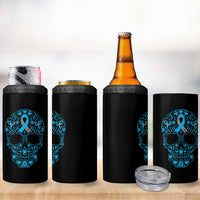 Diabetes Awareness Skull 4 in 1 Can Cooler Tumbler Blue Ribbon T1D Support Sugar Skull - Wonder Print Shop