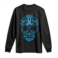 Diabetes Awareness Skull Long Sleeve Shirt Blue Ribbon T1D Support Sugar Skull - Wonder Print Shop