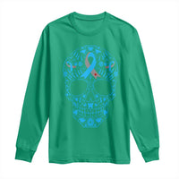 Diabetes Awareness Skull Long Sleeve Shirt Blue Ribbon T1D Support Sugar Skull - Wonder Print Shop