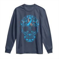 Diabetes Awareness Skull Long Sleeve Shirt Blue Ribbon T1D Support Sugar Skull - Wonder Print Shop
