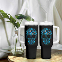 Diabetes Awareness Skull Tumbler With Handle Blue Ribbon T1D Support Sugar Skull - Wonder Print Shop