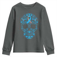 Diabetes Awareness Skull Youth Sweatshirt Blue Ribbon T1D Support Sugar Skull - Wonder Print Shop