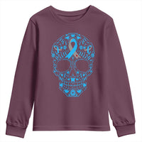Diabetes Awareness Skull Youth Sweatshirt Blue Ribbon T1D Support Sugar Skull - Wonder Print Shop