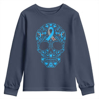 Diabetes Awareness Skull Youth Sweatshirt Blue Ribbon T1D Support Sugar Skull - Wonder Print Shop