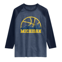 Michigan Fan Basketball Grooves Skyline MI State Raglan Shirt
