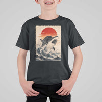 Black Cat Hunting Shark Ukiyo e Ocean Art T Shirt For Kid Funny Japanese Style Graphic