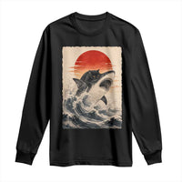 Black Cat Hunting Shark Ukiyo e Ocean Art Long Sleeve Shirt Funny Japanese Style Graphic