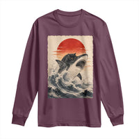 Black Cat Hunting Shark Ukiyo e Ocean Art Long Sleeve Shirt Funny Japanese Style Graphic