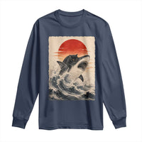 Black Cat Hunting Shark Ukiyo e Ocean Art Long Sleeve Shirt Funny Japanese Style Graphic