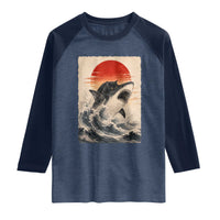Black Cat Hunting Shark Ukiyo e Ocean Art Raglan Shirt Funny Japanese Style Graphic