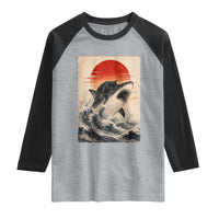Black Cat Hunting Shark Ukiyo e Ocean Art Raglan Shirt Funny Japanese Style Graphic