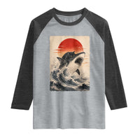 Black Cat Hunting Shark Ukiyo e Ocean Art Raglan Shirt Funny Japanese Style Graphic