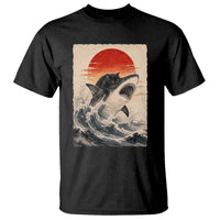 Black Cat Hunting Shark Ukiyo e Ocean Art T Shirt Funny Japanese Style Graphic