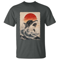 Black Cat Hunting Shark Ukiyo e Ocean Art T Shirt Funny Japanese Style Graphic