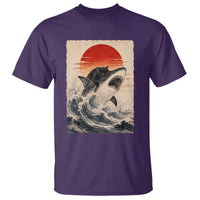 Black Cat Hunting Shark Ukiyo e Ocean Art T Shirt Funny Japanese Style Graphic