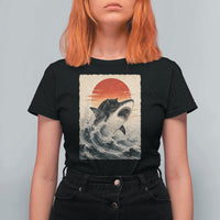 Black Cat Hunting Shark Ukiyo e Ocean Art T Shirt For Women Funny Japanese Style Graphic