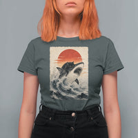 Black Cat Hunting Shark Ukiyo e Ocean Art T Shirt For Women Funny Japanese Style Graphic