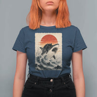 Black Cat Hunting Shark Ukiyo e Ocean Art T Shirt For Women Funny Japanese Style Graphic