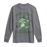Funny St Patricks Day Raccoon Long Sleeve Shirt First Of All I Am A Delight Trash Panda Drinking Beer