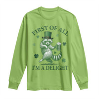 Funny St Patricks Day Raccoon Long Sleeve Shirt First Of All I Am A Delight Trash Panda Drinking Beer