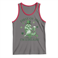 Funny St Patricks Day Raccoon Tank Top First Of All I Am A Delight Trash Panda Drinking Beer