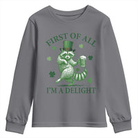 Funny St Patricks Day Raccoon Youth Sweatshirt First Of All I Am A Delight Trash Panda Drinking Beer
