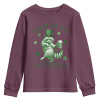 Funny St Patricks Day Raccoon Youth Sweatshirt First Of All I Am A Delight Trash Panda Drinking Beer