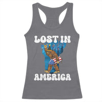 Funny 4th Of July Bigfoot Lost In America Racerback Tank Top Patriotic Sasquatch Rocket Footprint Fireworks - Wonder Print Shop