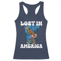 Funny 4th Of July Bigfoot Lost In America Racerback Tank Top Patriotic Sasquatch Rocket Footprint Fireworks - Wonder Print Shop