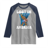 Funny 4th Of July Bigfoot Lost In America Raglan Shirt Patriotic Sasquatch Rocket Footprint Fireworks - Wonder Print Shop