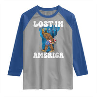 Funny 4th Of July Bigfoot Lost In America Raglan Shirt Patriotic Sasquatch Rocket Footprint Fireworks - Wonder Print Shop