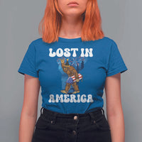 Funny 4th Of July Bigfoot Lost In America T Shirt For Women Patriotic Sasquatch Rocket Footprint Fireworks - Wonder Print Shop