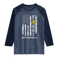 Fight Sarcoma Cancer Awareness Raglan Shirt Yellow Ribbon Vintage American Flag