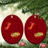 Funny Chicago Style Hot Dog Sausage Jumping Into Bun BBQ Ceramic Ornament