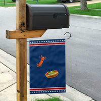 Funny Chicago Style Hot Dog Sausage Jumping Into Bun BBQ Patriotic Garden Flag