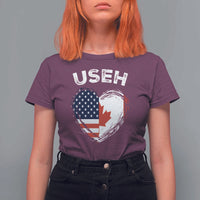 Funny USEH T Shirt For Women Half Canadian American Flag Big Love Heart - Wonder Print Shop