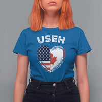 Funny USEH T Shirt For Women Half Canadian American Flag Big Love Heart - Wonder Print Shop