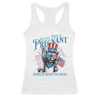 Funny Festive Feral and Pregnant Racerback Tank Top Running On Freedom And Cravings 4th of July Maternity Raccoon - Wonder Print Shop