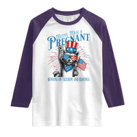 Funny Festive Feral and Pregnant Raglan Shirt Running On Freedom And Cravings 4th of July Maternity Raccoon - Wonder Print Shop