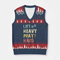 Lift Heavy Pray Hard V-Neck Knit Sweater Vest Christian Workout Jesus Gym Lifting Retro Cross - Wonder Print Shop