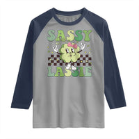 Funny St Patrick's Day Sassy Little Lassie Raglan Shirt Retro Groovy Clover
