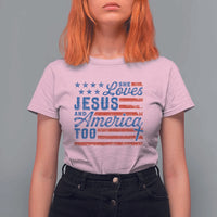 Funny She Loves Jesus And America Too T Shirt For Women 4th Of July Christian American Flag - Wonder Print Shop