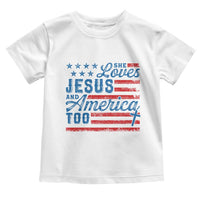 Funny She Loves Jesus And America Too Toddler T Shirt 4th Of July Christian American Flag - Wonder Print Shop